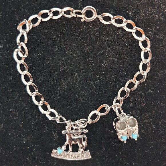 Vintage Sterling Silver Genuine Turquoise Sagittarius & Shoes Charm Bracelet - Picture 5 of 9